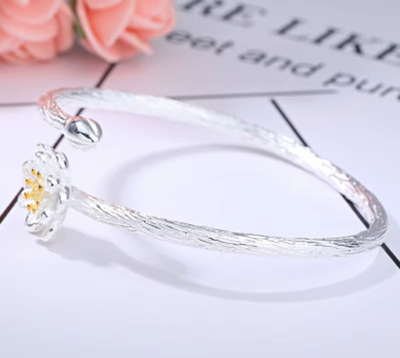 New Arrival 925 Sterling Silver Lotus Cuff Bracelet for Women Jewelery Gifts