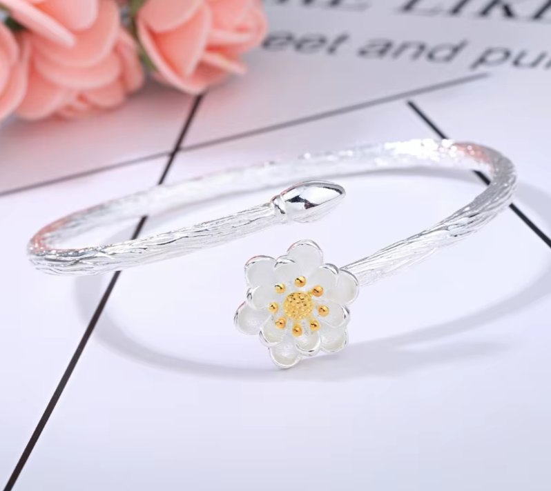 New Arrival 925 Sterling Silver Lotus Cuff Bracelet for Women Jewelery Gifts