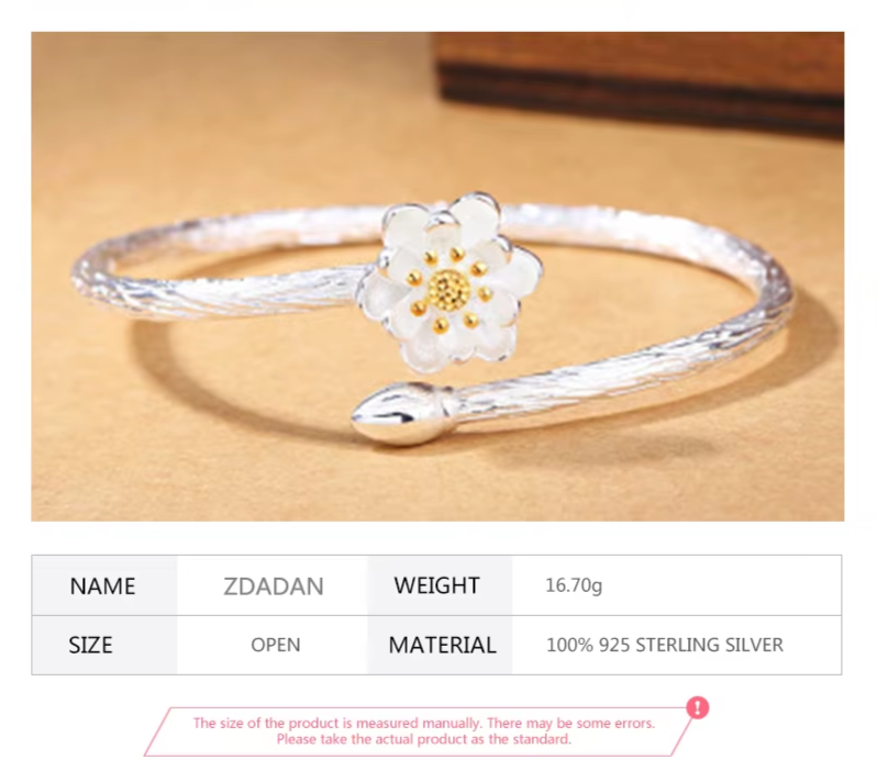 New Arrival 925 Sterling Silver Lotus Cuff Bracelet for Women Jewelery Gifts