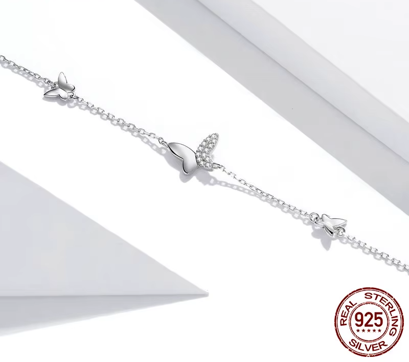 Sterling Silver 925 Flying Butterfly Bracelet Lobster Clasp Chain for Women Fashion OOTD Silver Jewelry Gift SCB197
