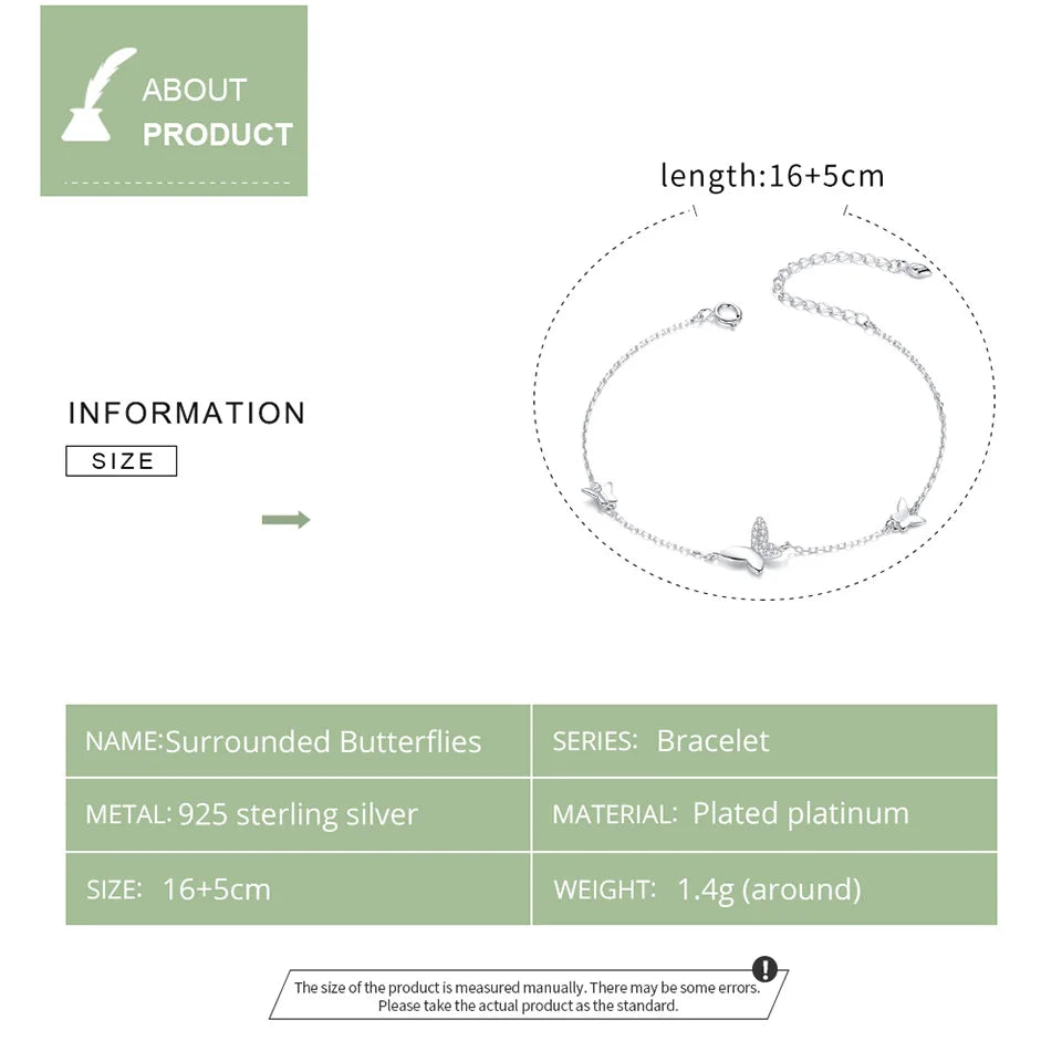 Sterling Silver 925 Flying Butterfly Bracelet Lobster Clasp Chain for Women Fashion OOTD Silver Jewelry Gift SCB197